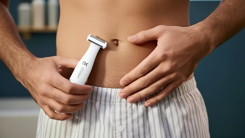 Hombre utilizando rasuradora eléctrica para recortar el vello del pubis como paso previo a la depilación íntima masculina. Rasuradora ShinnySkin.