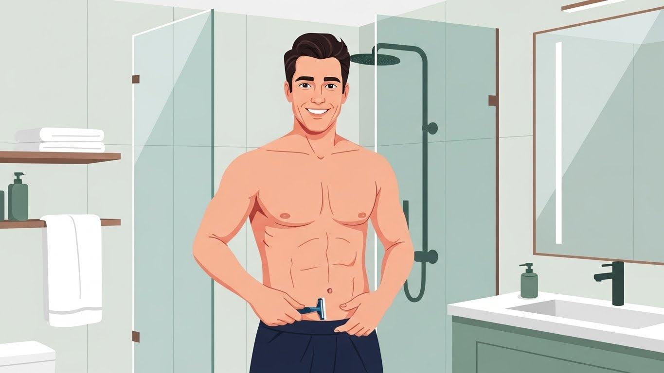 Ilustración de un hombre preparándose para la depilación íntima masculina en el baño