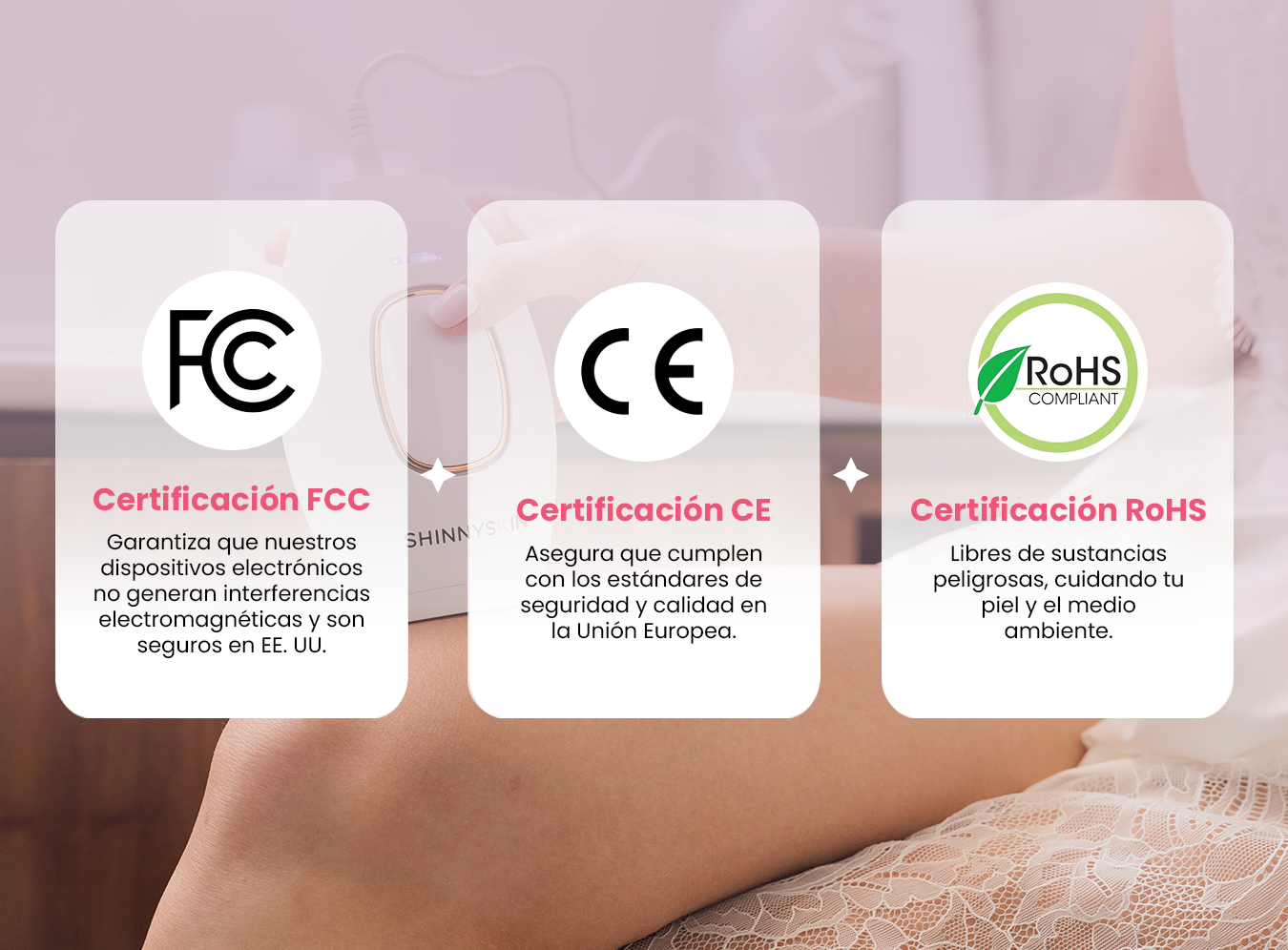 Certificaciones de ShinnySkin. Certificación FCC, CE, RoHS. Certificaciones de la depiladora IPL ShinnySkin.