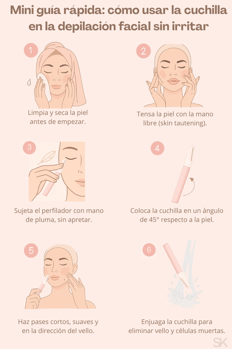 Mini guía ilustrada de depilación facial sin irritar con perfilador de seguridad: pasos para limpiar la piel, tensarla, usar la cuchilla a 45° y hacer pases suaves
