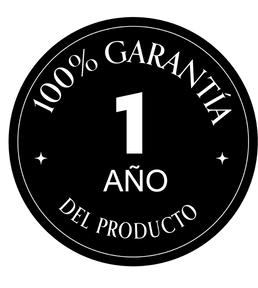 'Black circle badge stating '100% guarantee, 1-year product' in Spanish.'