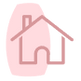 A minimalist house icon in light pink on a rounded background.